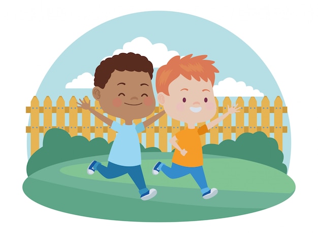 Lindos meninos felizes se divertindo desenhos animados