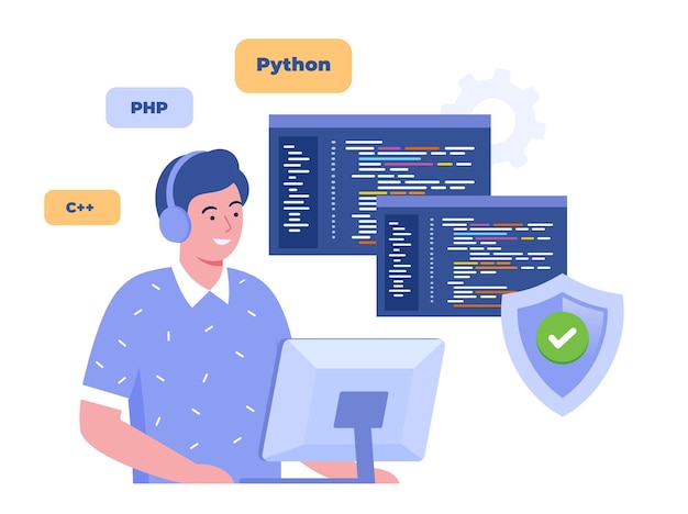Vetor línguas de programação de desenvolvimento web css html it ui programador personagem de desenho animado desenvolvimento de site codificação ilustração plana banner para site