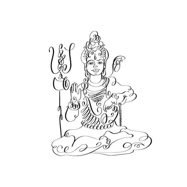 Linha arte lord shiva desenho caligráfico preto e branco para maha shivaratri