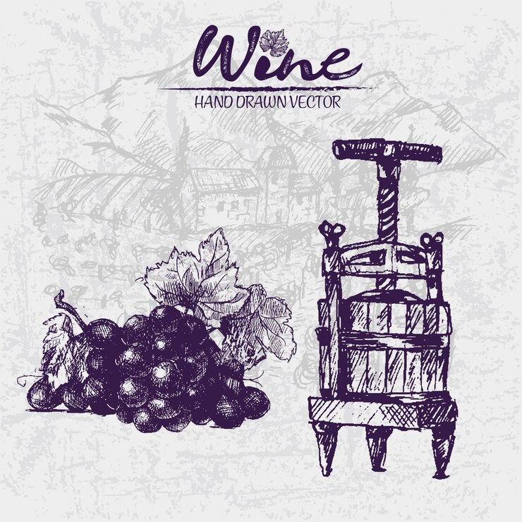 Vetor linha arte vintage roxo vinho de madeira barril e ilustração da uva
