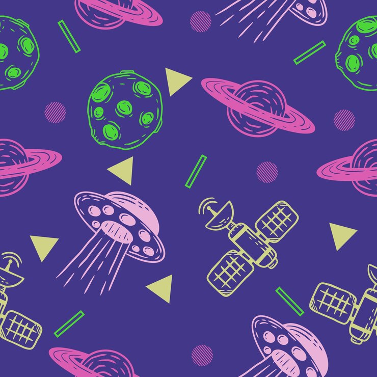 Vetor linha bonita, espaço de foguete externo, padrão sem costura, papel de parede de objeto colorido com design roxo claro