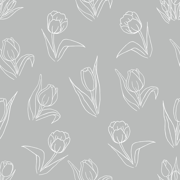 Linha branca de tulipa no padrão sem costura de vetor cinza Fundo de vetor de padrão sem costura de tulipa Ilustração sem costura decorativa boa para impressão