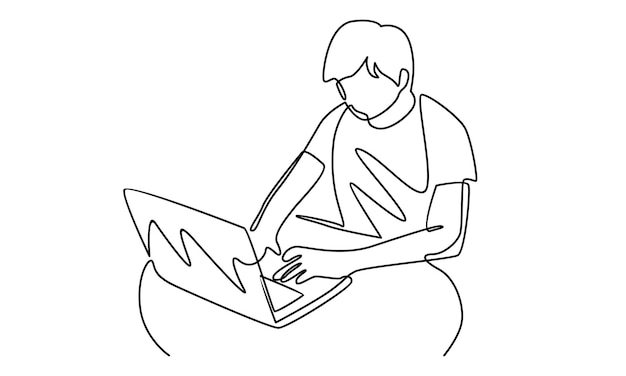 Linha contínua de homem trabalhando com ilustração de laptop