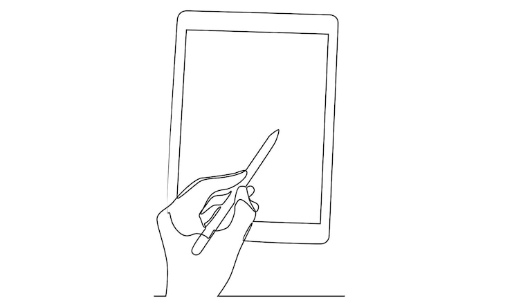 Vetor linha contínua de mão com caneta stylus escrevendo no tablet