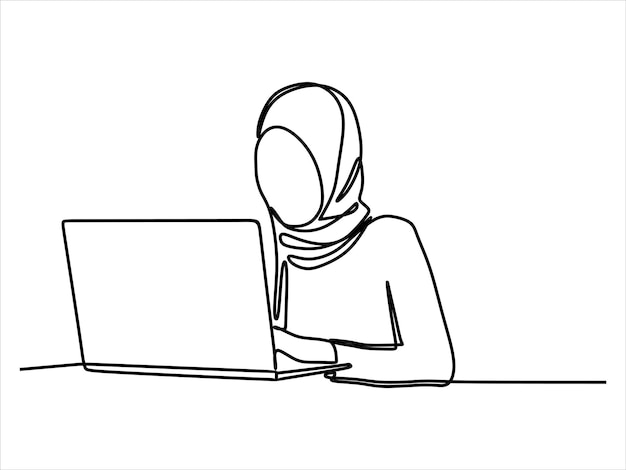 Linha contínua de mulher hijab com laptop