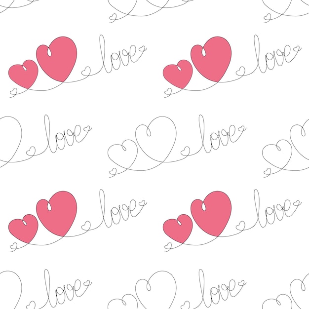 Linha contínua desenhada à mão com letras de amor e dois corações lado a lado na tonalidade da moda dia dos namorados