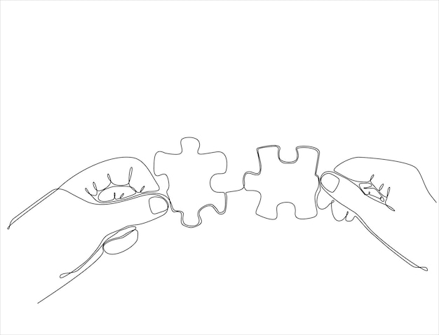 Linha contínua desenhada à mão merge two pieces puzzle vector premium