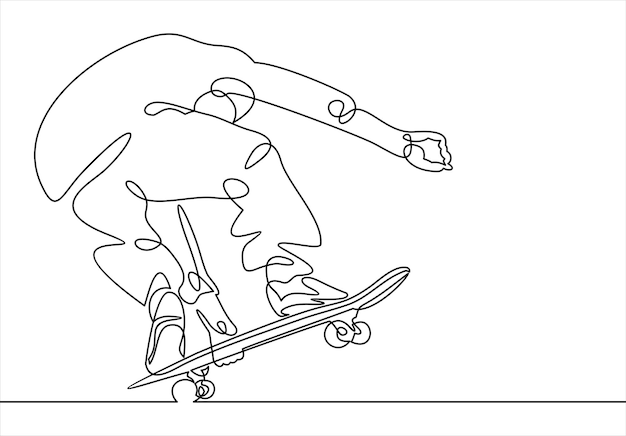 Desenho de linha contínuo de homem jogando skate jogador de jogo de skate  um desenho de linha