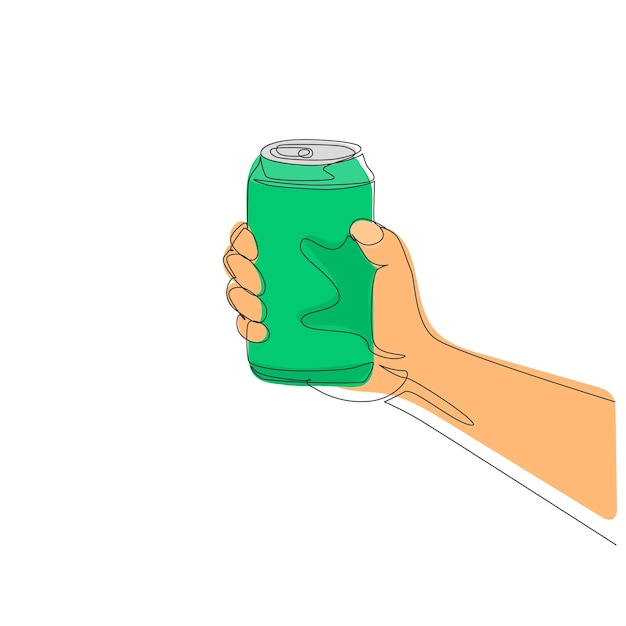 Linha contínua única de desenho com a mão segurando uma lata de alumínio sem rótulos Vector de bebidas.