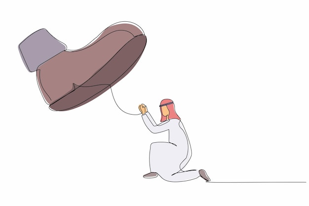 Linha contínua única desenho ativo empresário árabe ajoelhar-se sob o vetor de projeto de pé grande