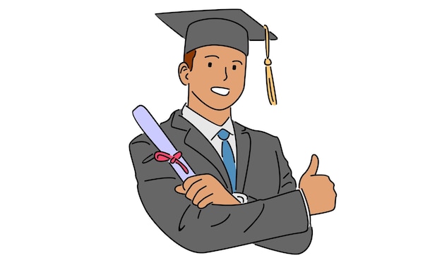 Vetor linha de arte cor do homem feliz graduado com diploma