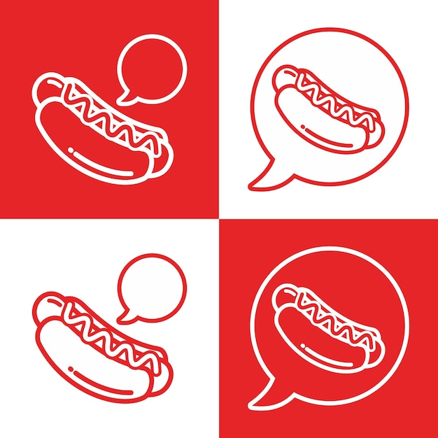 Vetor linha de cachorro-quente com ícone de texto de balão vector de comida lixo e salsicha de fundo vermelho e branco