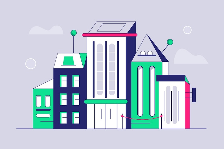 Vetor linha de edifícios modernos juntos