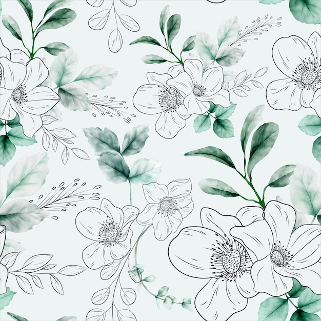 Linha de flor elegante e padrão floral aquarela sem costura