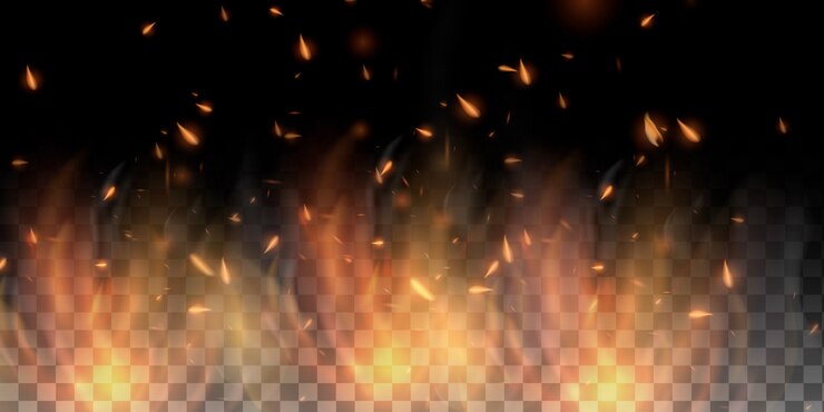 Linha de imagem colorida realista bon fogo chama com reflexão horizontal fumaça e faíscas em fundo preto. Fundo abstrato fogo.