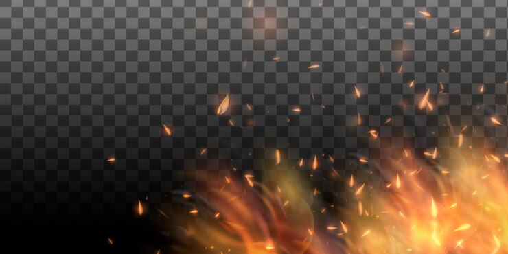 Linha de imagem colorida realista bon fogo chama com reflexão horizontal fumaça e faíscas em fundo preto. Fundo abstrato fogo.