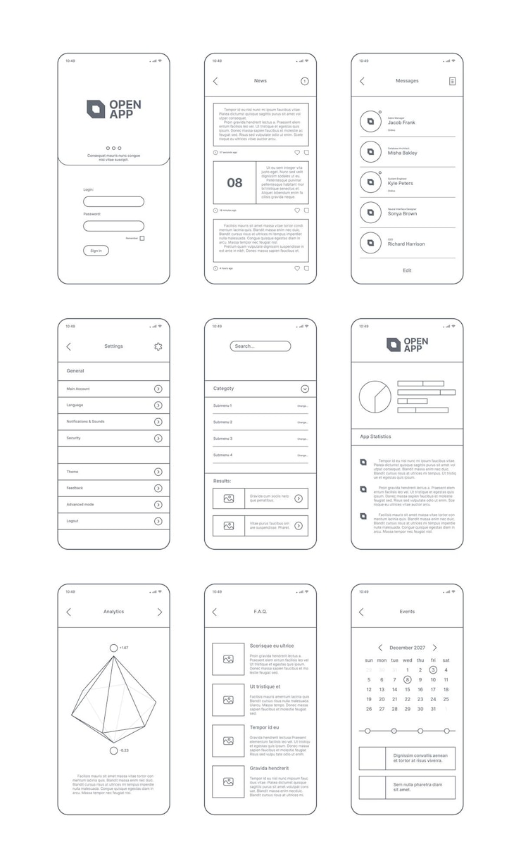 Vetor linha de kit de interface do usuário da web wireframes para projetos de design limpo sites minimalismo modelos de aplicativos botões de navegação barras divisores caixas de seleção linhas conjunto de vetores berrante