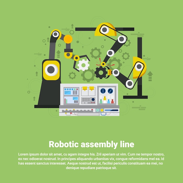 Vetor linha de montagem robótica industrial automação indústria produção web banner ilustração vetorial plana