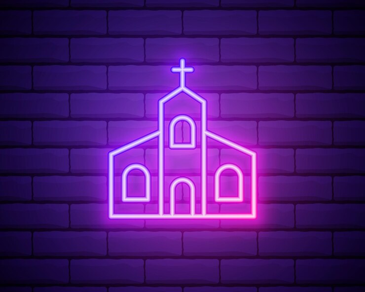 Vetor linha de néon brilhante ícone do edifício da igreja isolado no fundo da parede de tijolo igreja cristã religião da igreja ilustração vetorial
