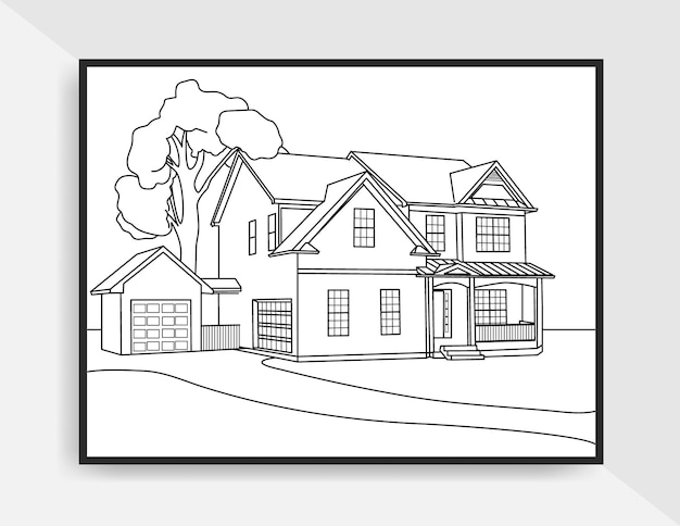 Linha de paisagem de casa desenhada à mão ou ilustração de pôster para colorir