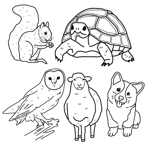 Linha de planetas de animais desenhada à mão para livro de colorir