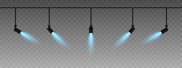 Vetor linha de spotlights ajustáveis emitindo um brilho azul suave luzes angulares criam um efeito de feixe focado adicionando ambiente a um fundo escuro design de interiores modernos exposições e iluminação de palco