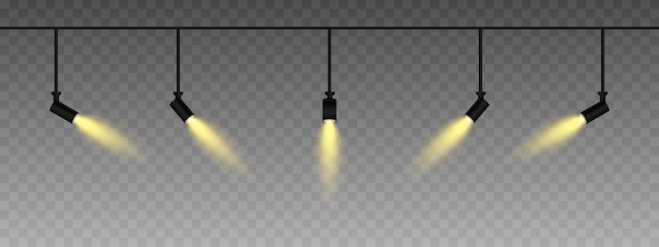 Vetor linha de spotlights ajustáveis emitindo um brilho dourado suave luzes angulares criam um efeito de feixe focado adicionando ambiente a um fundo escuro design de interiores modernos exposições e iluminação de palco