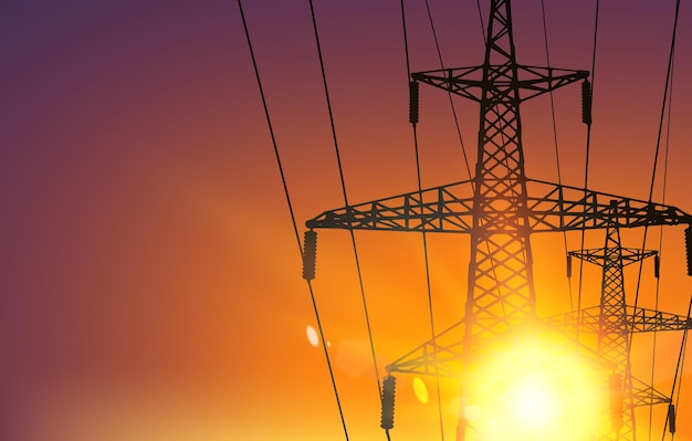 Linha de Transmissão Elétrica de Alta Tensão ao Nascer do Sol.