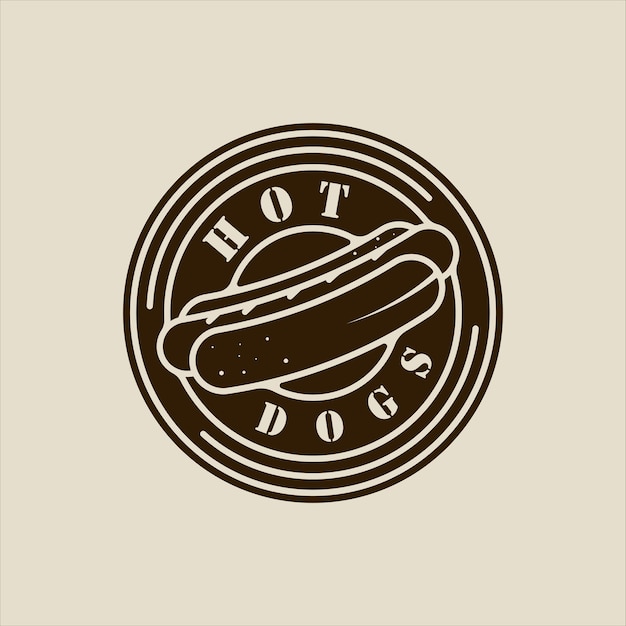 Linha de vetor de logotipo de cachorro-quente ou cachorro-quente modelo de ilustração vintage ícone design gráfico sinal ou símbolo de fast food para menu ou restaurante conceito com emblema distintivo e tipografia