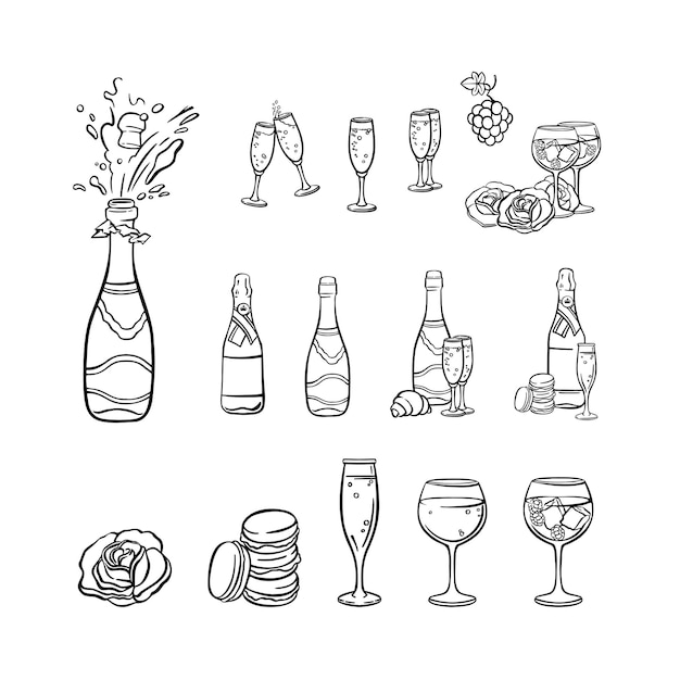 Vetor linha definida álcool com taças de champanhe de ilustração de vinho