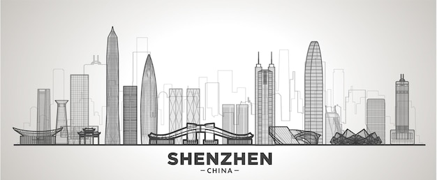 Linha do horizonte de shenzhen china com panorama no fundo do céu. ilustração vetorial. conceito de viagens e turismo de negócios com edifícios modernos. imagem para banner ou site.