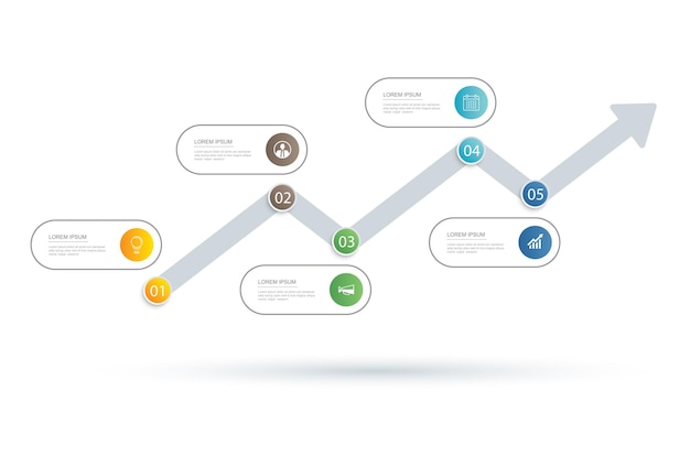 Linha do tempo de seta de infográficos com modelo de 5 dados abstrato de ilustração vetorial