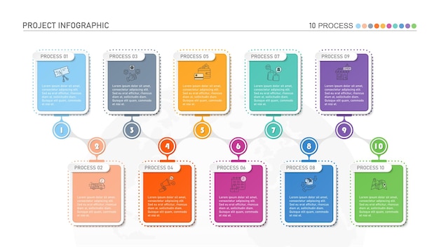 Linha do tempo horizontal ou fluxograma com 10 elementos quadrados e espaço para dados