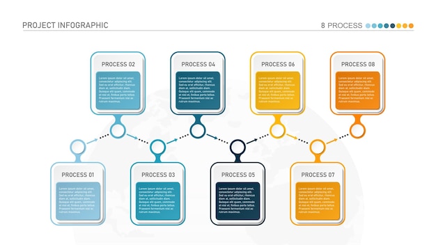 Linha do tempo horizontal ou fluxograma com 8 elementos quadrados e espaço para dados