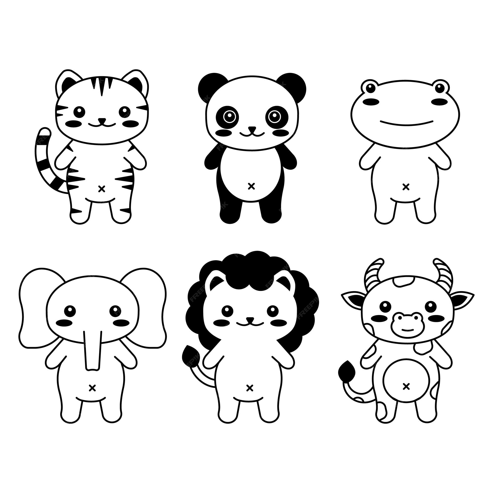 Conjunto de ilustração de doodle de desenho animado de animais kawaii