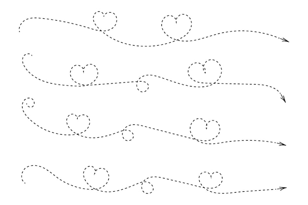 Vetor linha fina e contínua estilo corações curvados seta pontilhada uma linha esquerda direção direita setas tracejadas