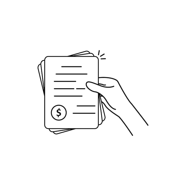 linha fina preta de mão segurando fatura conceito de pilha de lista de cheques como papelada e cheque de pagamento ou recibo de varejo plano tendência simples lineart gráfico moderno