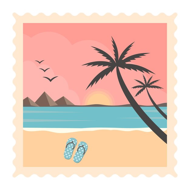 Linha retro do mar da praia e pôr do sol - palmeiras tropicais vetoriais com fundo de paisagem marinha colorida