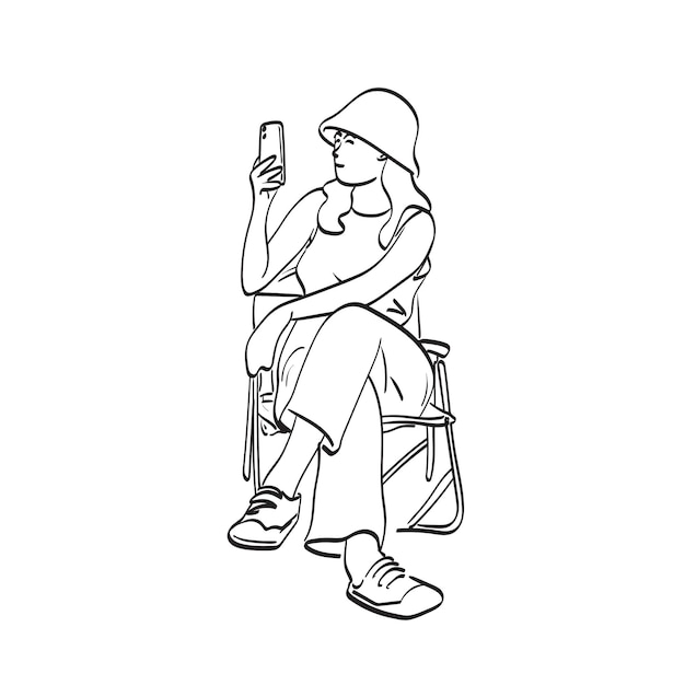 Linha rt mulher de comprimento completo com chapéu usando smartphone na cadeira ilustração vetorial desenhada à mão