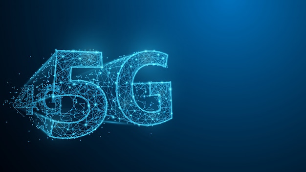 Linhas de forma de tecnologia 5G, triângulos e design de estilo de partículas. Ilustração vetorial