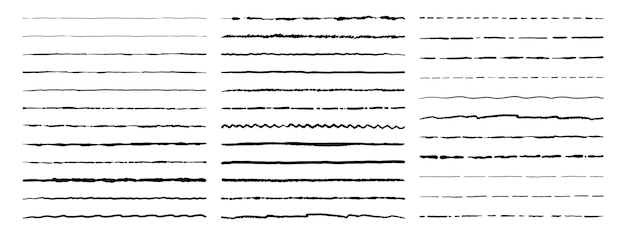 Vetor linhas de rabiscos pintura geométrica desenhada à mão sublinhados pontilhados ou retos ondulados isolados esboço de caneta e lápis modelos decorativos de scrapbooking conjunto plano de separadores de texto vetorial