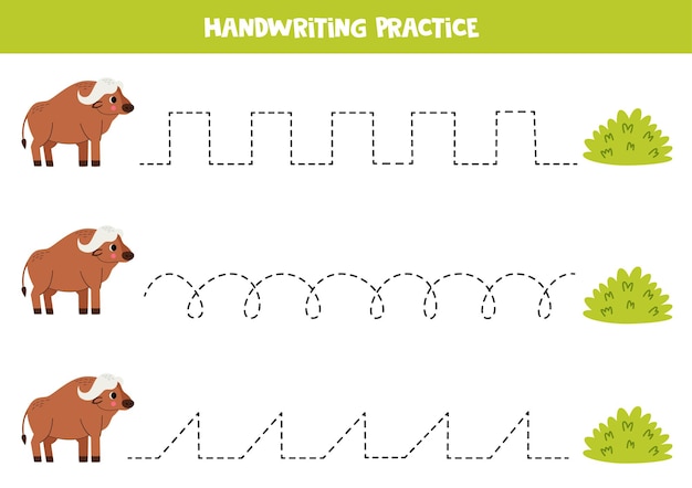 Linhas de rastreamento para crianças bonito búfalo de desenho animado prática de caligrafia para crianças