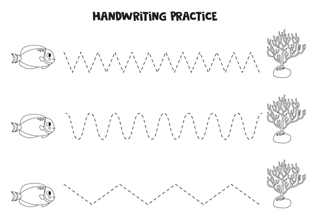 Vetor linhas de rastreamento para crianças peixes fofos e coral prática de escrita