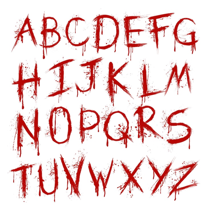 Vetor linhas de respingos de sangue alfabeto de letras em inglês