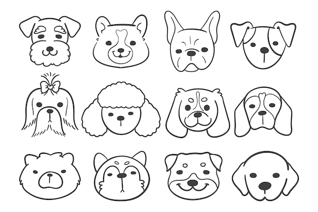 Linhas de rostos de várias raças de cães decoram livro de colorir para crianças