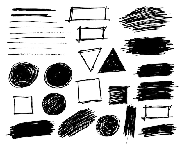 Linhas de textura de lápis e elementos de design Conjunto de vetores Triângulo redondo, retângulo quadrado, círculo, fundos de grunge Caixas de texto longas Banners de textura de perigo sujo Objetos desenhados à mão suja