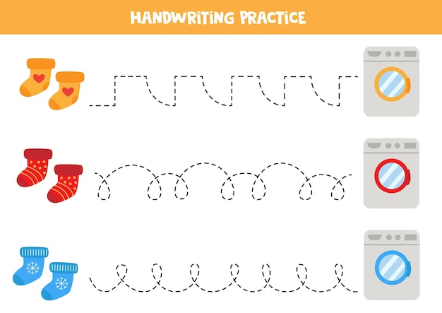Vetor linhas de traço para crianças meias coloridas e máquinas de lavar roupa prática de caligrafia