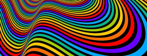 Linhas de vetor abstrato de arco-íris colorido ilustração de ilusão de ótica psicodélica, curvas lineares surreal op art em perspectiva 3d hiper, design distorcido louco, delírio de alucinação de drogas,