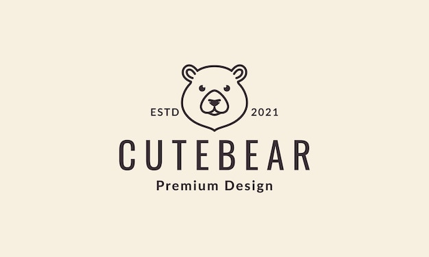 Linhas design de ilustração de ícone de vetor de logotipo de hipster de urso de cabeça fofo