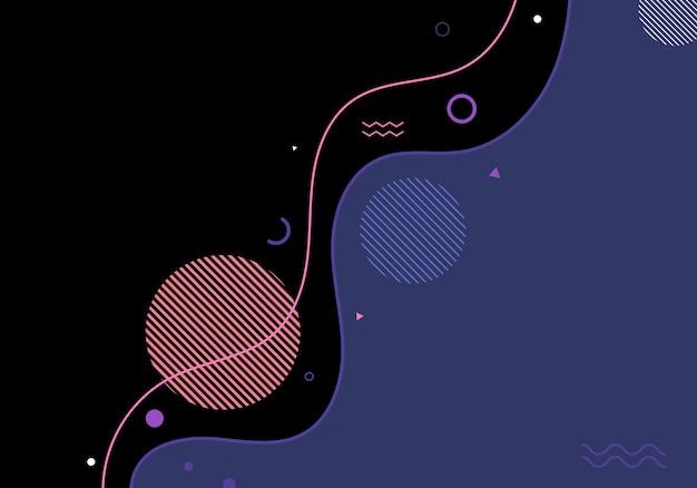 Linhas e formas de onda dinâmica abstrata com design plano mínimo de elementos geométricos em fundo preto. Ilustração vetorial